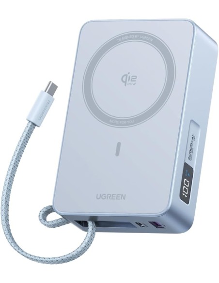 UGREEN MagFlow Power Bank Magnetico 20000 mAh Qi2 25W con Cavo USB-C Integrato Grey